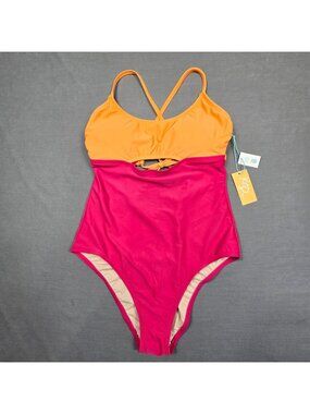 Kona Sol Womens Medium Coverage One Piece Swimsuit Orange & Pink L NEW